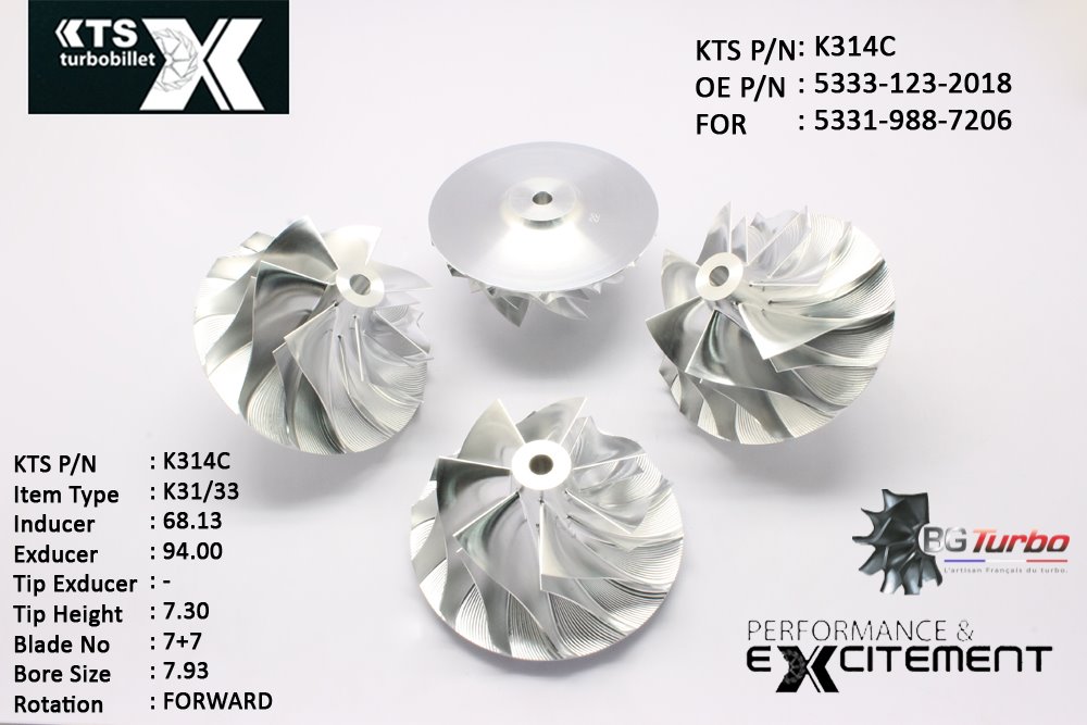 Turbo ROUE FORGÉE MFS PERFORMANCE - 7+7 PALES - INDUCER : 68,125 - EXDUCER : 94 - TYPE : K31/33ANGLE : 60° - ROTATION : Forward - SUPER BACK : 6 - BORE SIZE : 7,93
